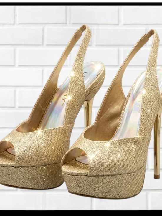 *LILIANA Gold Glitter Platform Slingback Stiletto Heels | Size 6.5