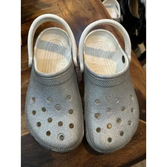 Crocs Unisex Classic Glitter II Metallic Silver Clog Sandal Shoes Size J4