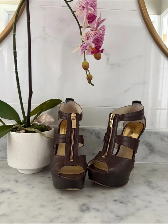 Michael Kors Dark Brown Leather Zip Platform Sandals