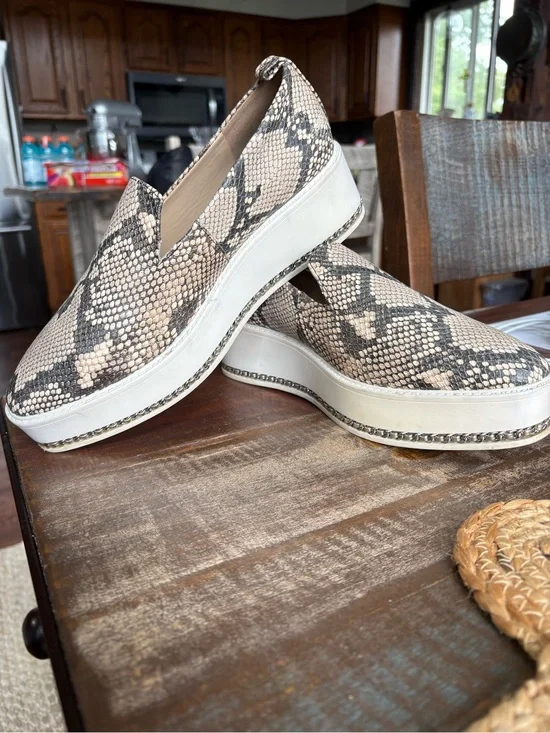 Karl Lagerfeld Beige Snake-Print Platform Slip-Ons with Chain Trim
