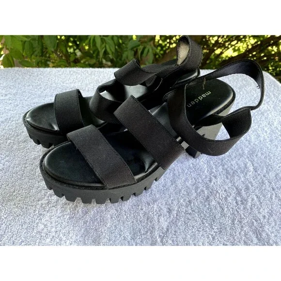 Madden Girl G-Spell Womens Sz 9M Black Open Toe Stretchy Straps Block Heel Shoes