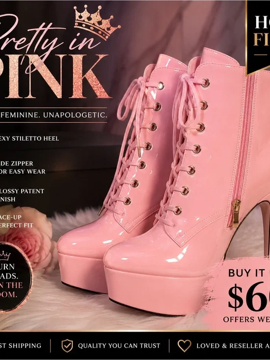 NEW Pink Patent Lace-Up Platform Stiletto Ankle Boots | Side Zip | Size 8.5