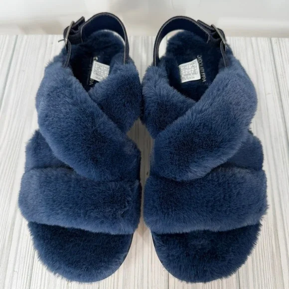 Koolaburra by‎ UGG Furr-Ah Navy Blue Faux Fur Slingback Platform Sandals Size 9