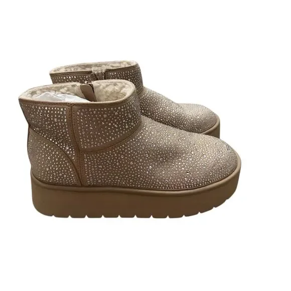Women's Beige Platform‎ Booties Rhinestone Chic Casual Zip Closure size 10 & 11