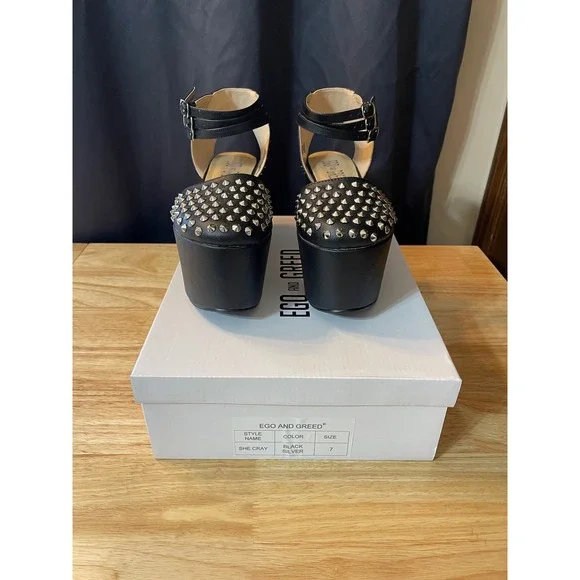 Ego and Greed She Cray Black Studded Platform Wedge Sandals Womens Size 7 Punk