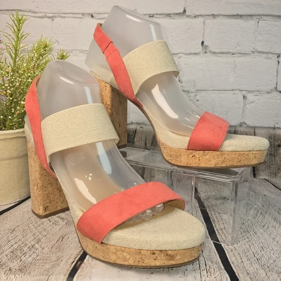 YELLOW BOX CORAL AND TAN STRAPPY CORK HEELS  RESORTWEAR SUMMER WOMENS 9.5