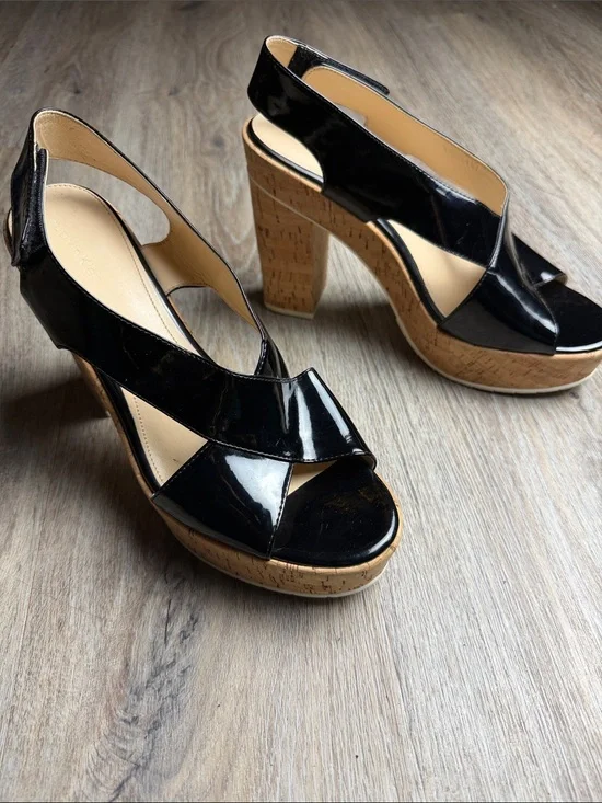 Calvin Klein Black Patent Cork Platform Block Heel Sandals Size 10B