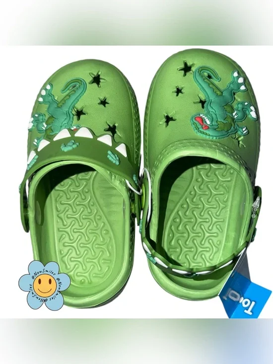 Kids Green Dinosaur Clog Sandals - Playful Croc-Style Slip-Ons