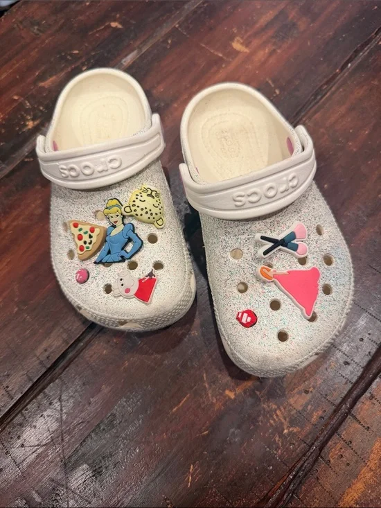 CROCS Kids' White Sparkle Clogs with Princess & Fun Jibbitz