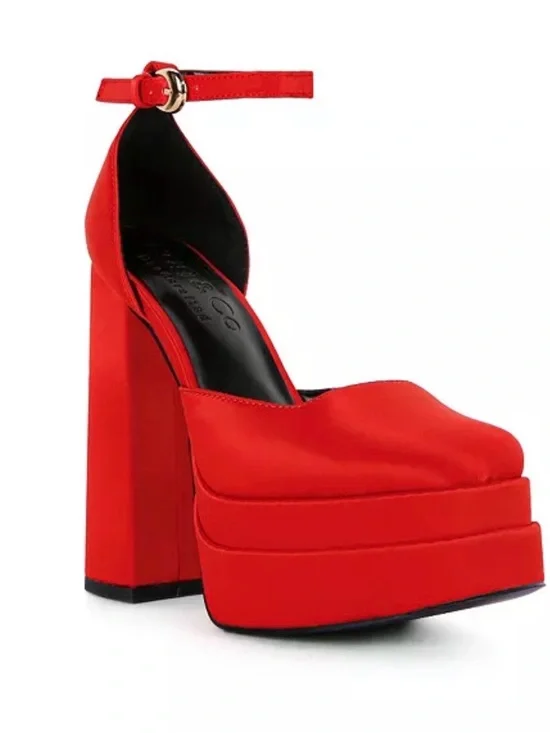 Chunky Red Platform Ankle-Strap Heels for Women