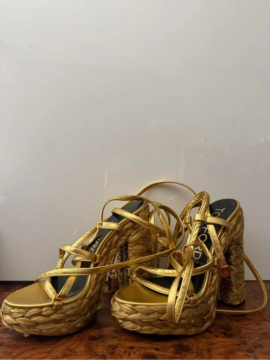 Tom Ford Metallic Gold Braided Platform Sandals