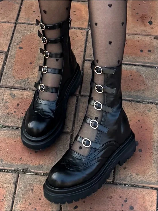 SHOEHI Luella Belt Walker Boots Black Gold Buckle Chunky Platform Size 8