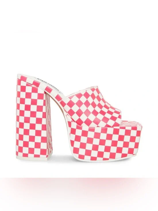 Steve Madden Trixie Platform Sandals Block Heel Pink/White Checkered Size 6