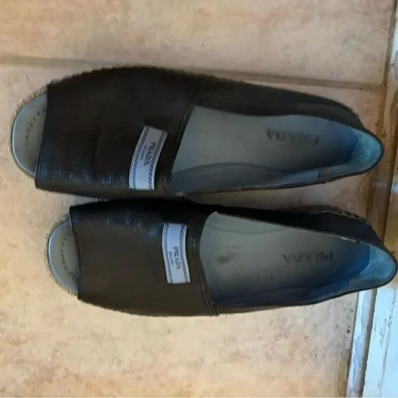 Prada espadrilles open toe platform shoes big logo sandals leather flats
