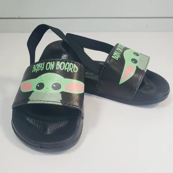 8K BABY YODA ON BOARD Slides Black Green Toddler Size 8K (Unisex)