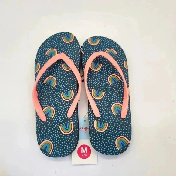 New Cat & jack Flip Flops M (2-3) Neon Pink Navy Blue Rainbow Sandals Shoes