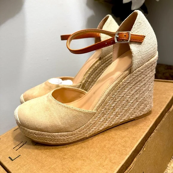Women’s Beige Espadrille Wedge Sandals with Ankle Strap