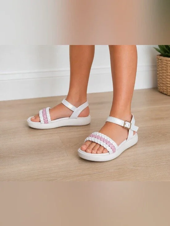Kenzie Girl Girls Sandals Size 1 White & Pink Braided Ankle Strap Sandals