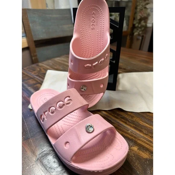 Crocs Classic Platform Sandal Pink Double Strap Rhinestone Slides Womens 8
