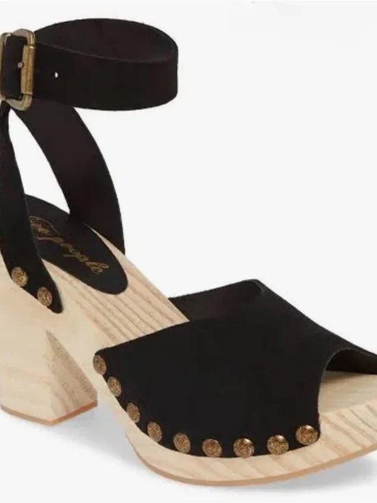 Free People Pasadena Black Suede Ankle-Strap Platform Sandal with Gold Studs