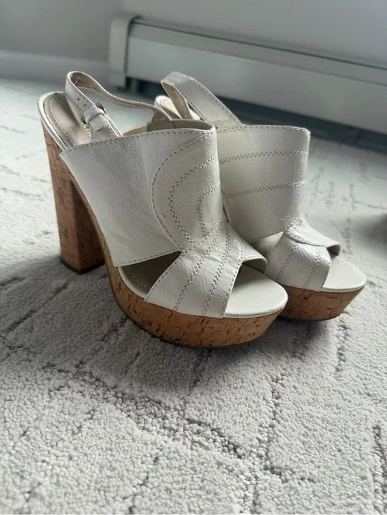 Nine West White Cork Platform Slingback Heels Women’s Size 7.5