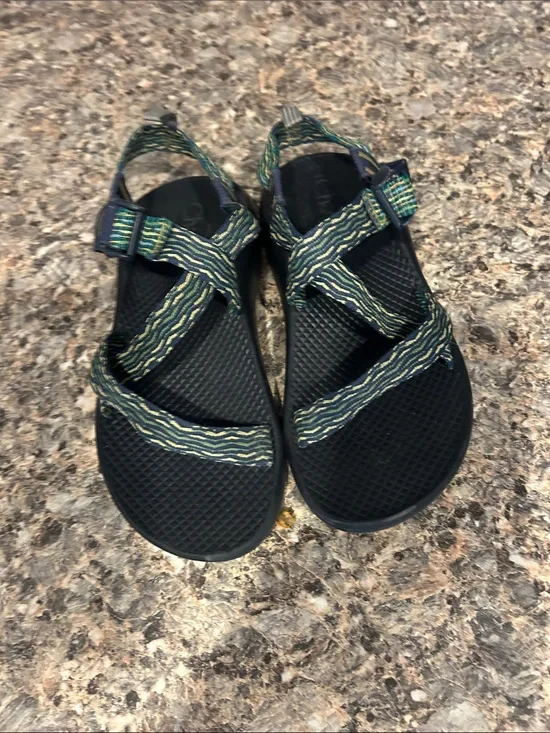 Chaco Kids Black Sandals with Green Striped Webbing