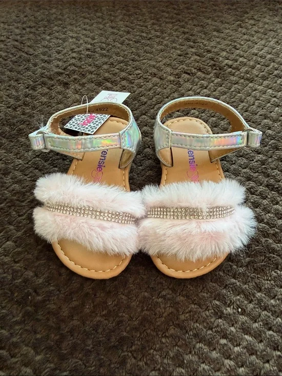 Kensie Girls Pink Faux Fur Sandals with Iridescent Strap