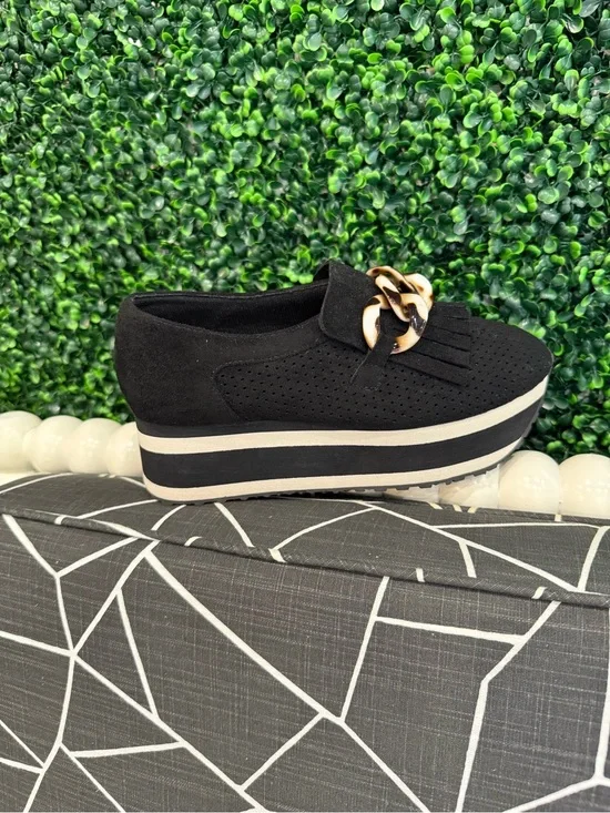 NEW Pierre Dumas Paloma-2 Black Suede Platform Loafer with Tortoise Chain