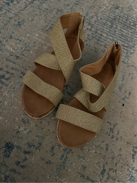 Gold Strappy Girls Sandals - Sparkle Elastic Crisscross Size 3