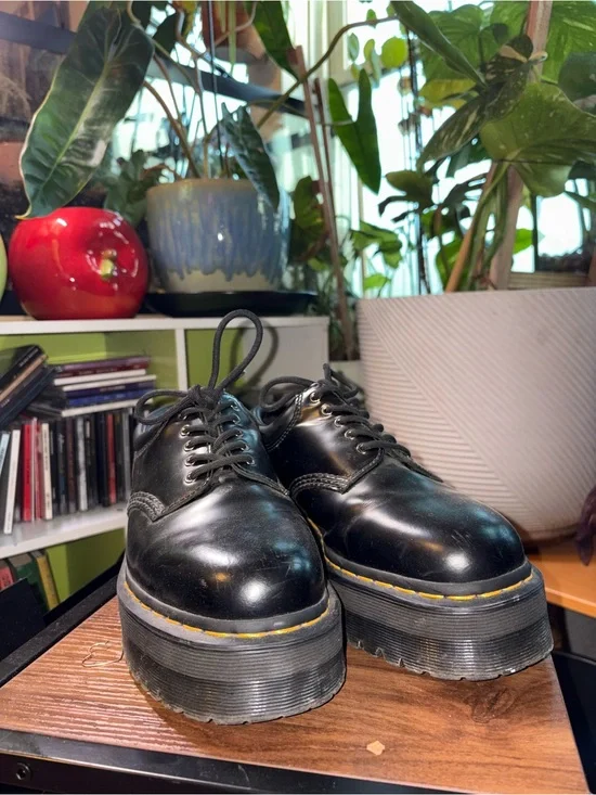 Dr. Martens Black Platform Lace-Up Shoes with Yellow Stitching