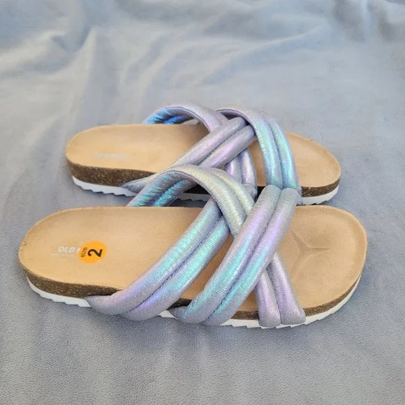 Old Navy Girls Iridescent Puffy Strap Slide Sandals Purple Blue Metallic Size‎ 2