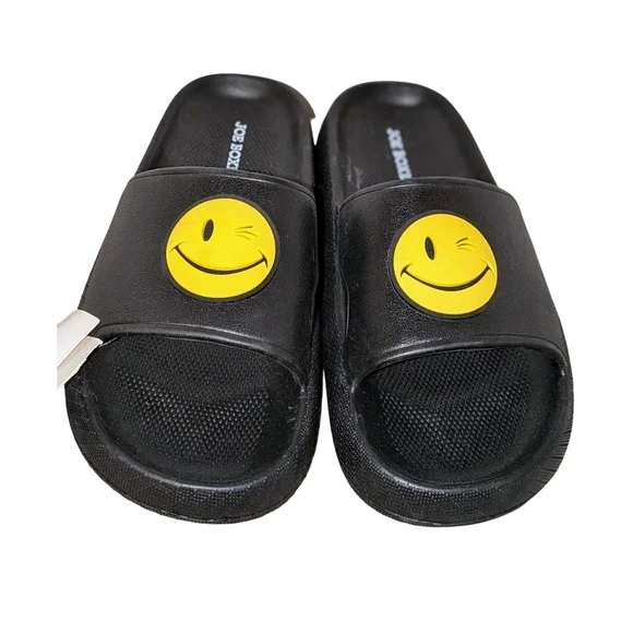Joe Boxer Cloud Kids Black Smiley‎ Face Slides Sandals Size 3 NWT