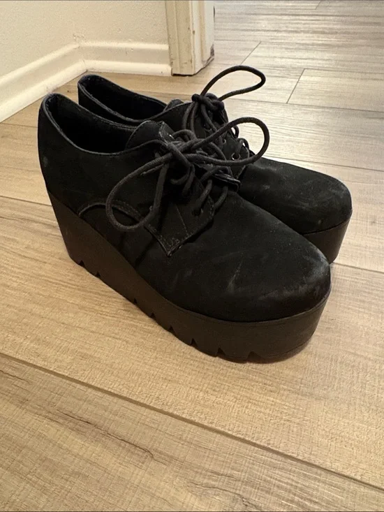 Top Moda Black Faux Suede Platform Wedge Oxford Shoes Size 8