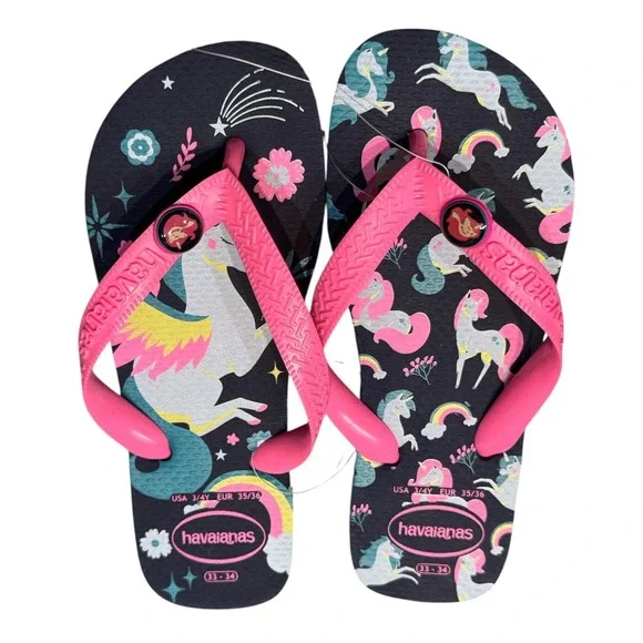 Havaianas Kids Fantasy Unicorn‎ Rainbow Flip Flop Sandals Navy Pink 3/4Y New