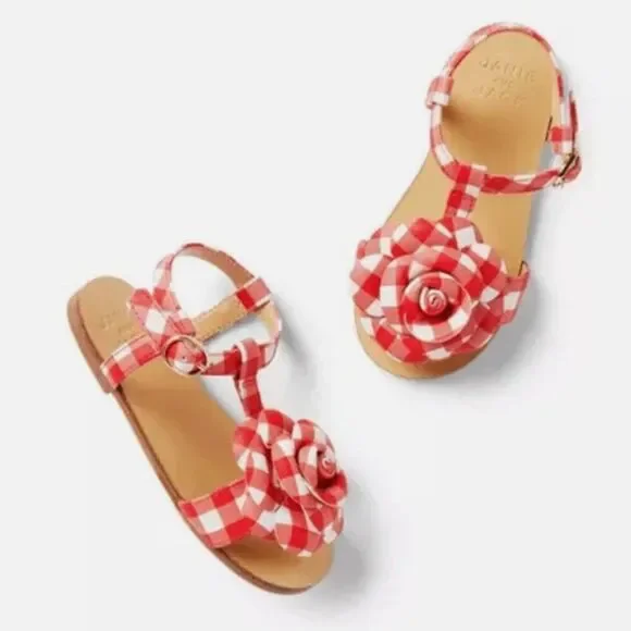Janie and Jack 100049293 Red and White Gingham sandals Flower detail NWT
