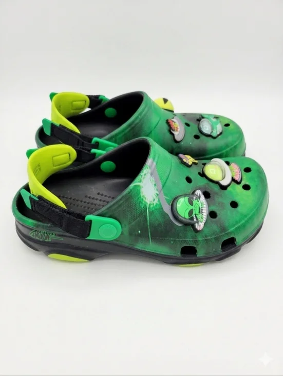 Crocs Ron English Area 54 All Terrain Clog J6 Green Cosmic Alien Graphic FLAW