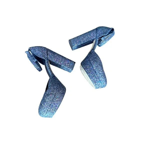 Shellys London Womens Blue Glitter Platform Block Heel Ankle Strap‎ Size 37 6.5