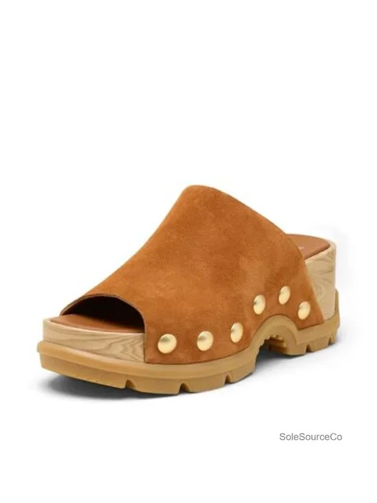 Suede Platform Slide Sandals with Rivet Detailing