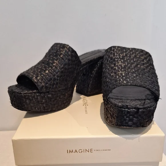Imagine Vince Camuto Black Thatched Raffia Platform Mules Size 9