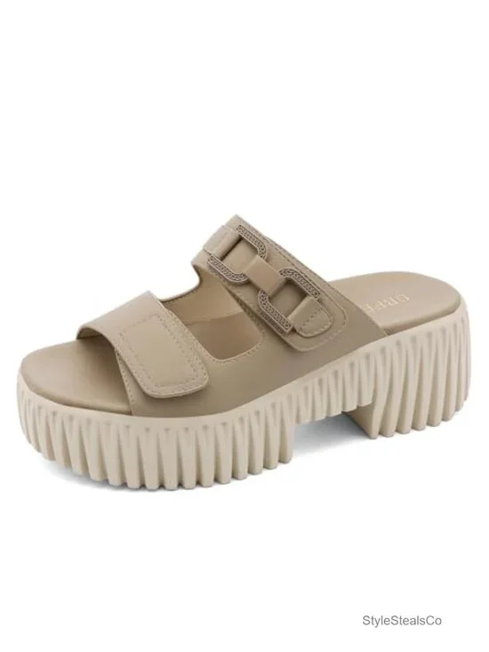 Chunky Wedge Platform Sandals Adjustable Double-Strap Square Toe
