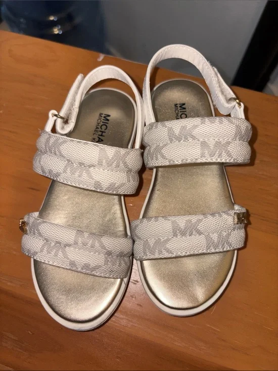 Michael Kors Kids White and Gold MK Logo Strap Sandals
