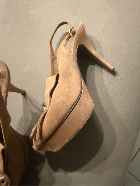 Yves Saint Laurent Tan Suede Platform Slingback Pumps