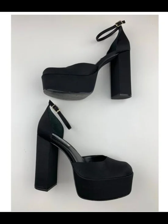 Artem Black Silk Sky High Platform Ankle-Strap Heels. Size 8