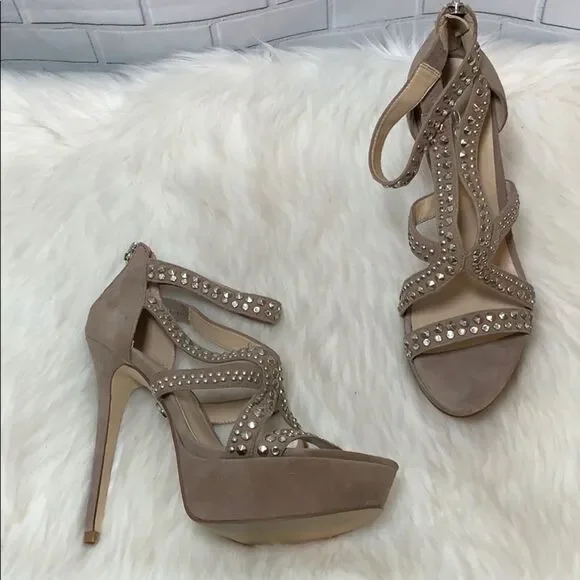 Bebe Tan Suede‎ Studded Platform Stilettos Size 9