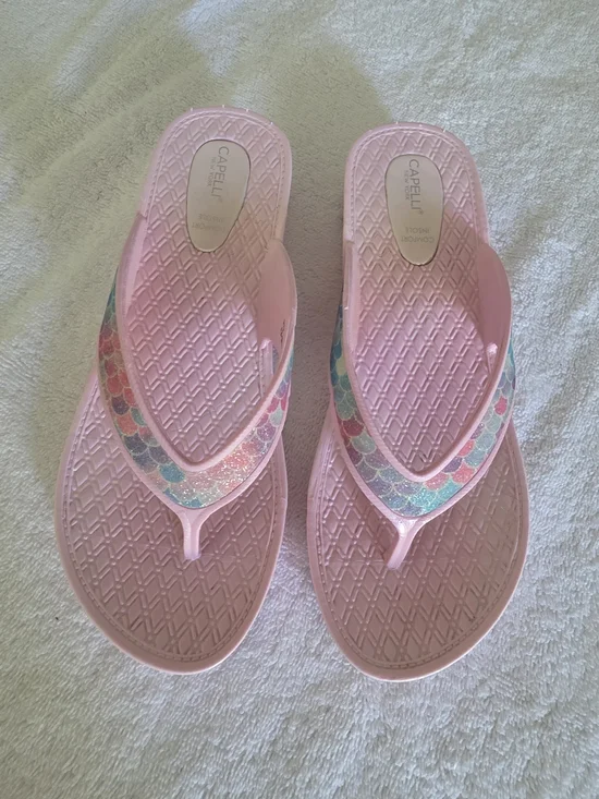 Capelli of New York Pink Flip Flops with Multicolor Glitter Mermaid Straps
