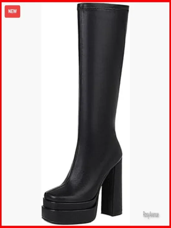 White Platform Knee High Boots Chunky Heel Stretch GoGo Boots Women