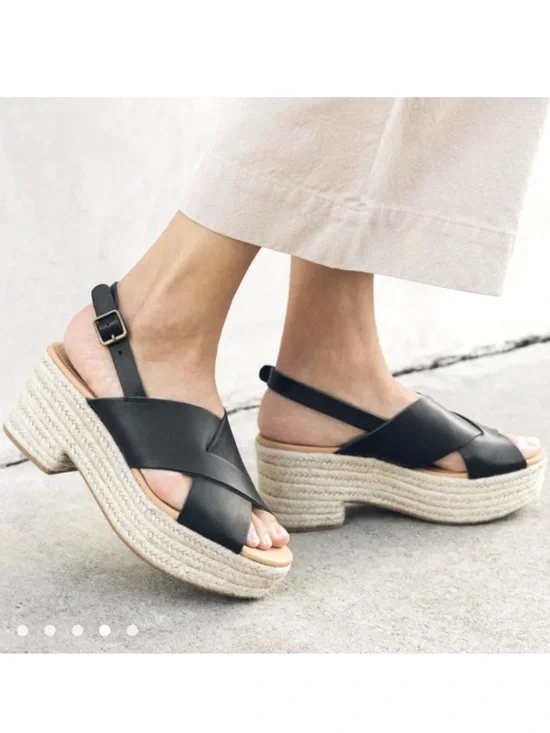 Soludos Amalfi Black Leather Espadrille Platforms