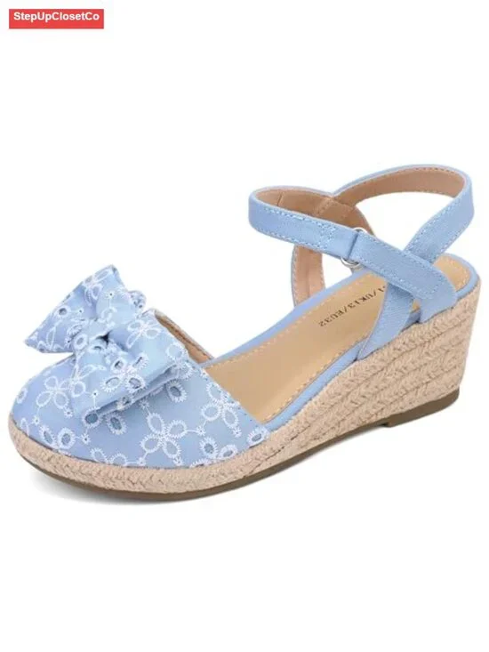 Girls Wedge Sandals with Bow Accent - Closed Toe Espadrille Dress Shoes