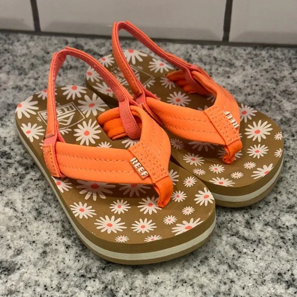Reef Toddler 8 Sandals Orange Daisy Floral Ahi Flip Flops Elastic Backstrap Boho