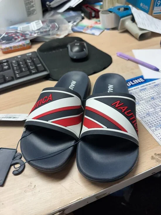NAUTICA EMBOSSED STRIPED LOGO SLIDE SANDAL NEW NAUTICA HANI - RED WHITE BLUE